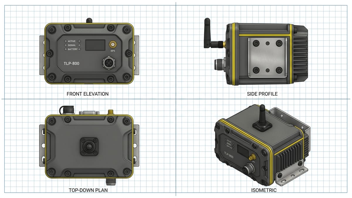 Synchronized 4-view technical orthographic product showcase sheet