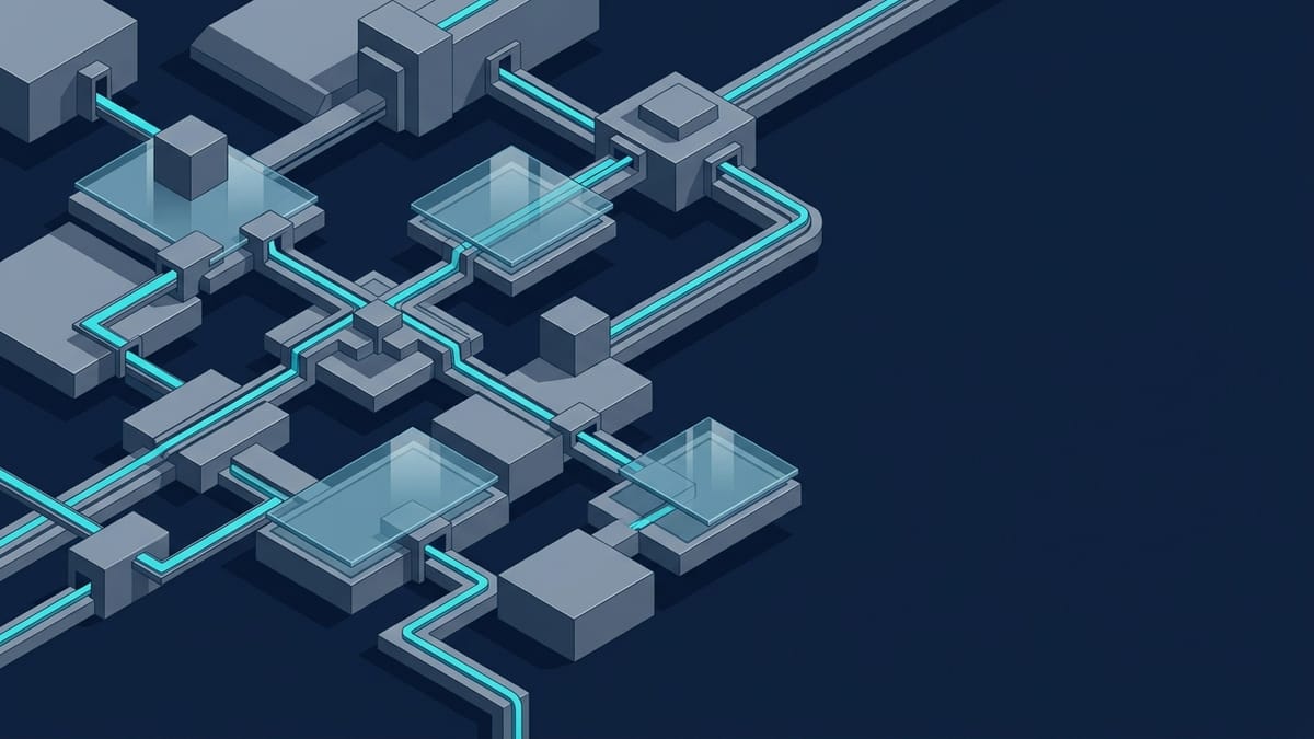 Minimalist architectural isometric workflow acceleration illustration