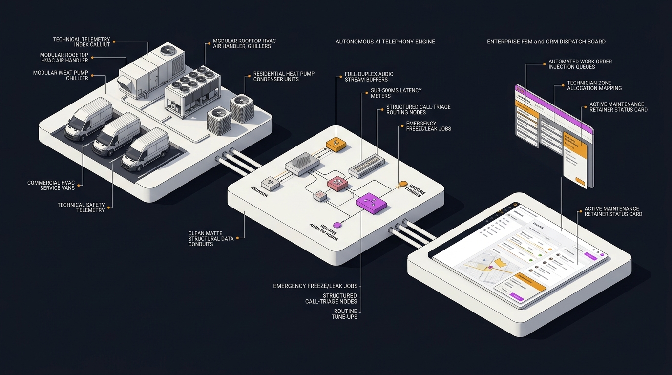 3D isometric architectural schematic of managed AI for HVAC contractors showing autonomous voice intake, emergency dispatch triage, and ServiceTitan CRM synchronization